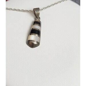 Signed PD Premier Designs Sterling Silver 925 Onyx Mother of Pearl Necklace